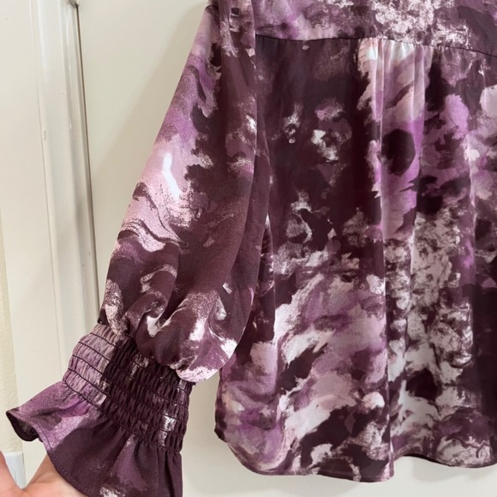Cooper & Ella Women Top M Burgundy Floral Ruffle‎ Tie Neck Romantic Boho Cottage